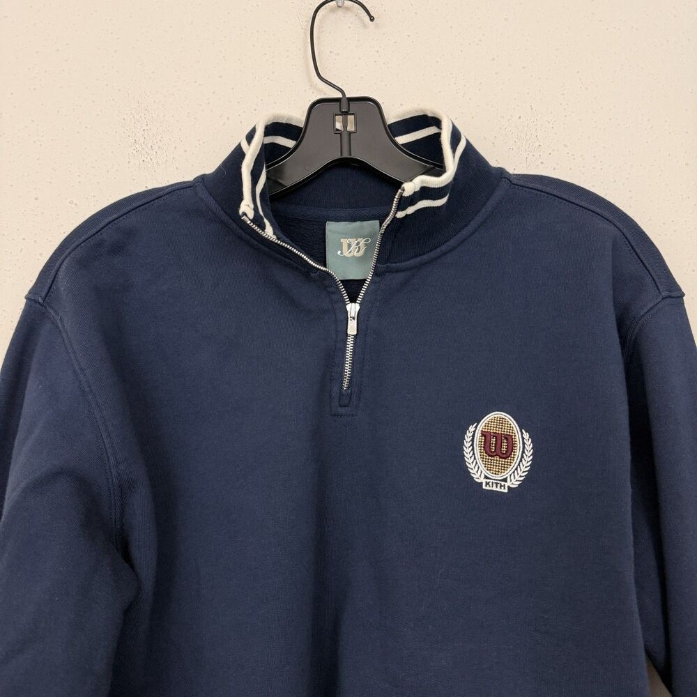 Kith x Wilson Cropped Sweatshirt Quarter Zip Pullover Womens Sz Medium Navy Blue - Picture 3 of 14